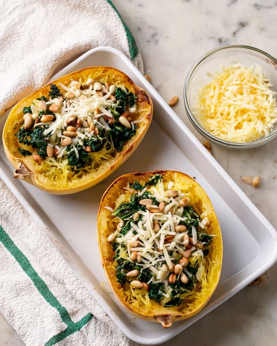 The image shows two halves of spaghetti squash on a white baking tray. Each half is filled with a mix of yellow spaghetti squash strands and dark green sautéed kale, topped with light brown pine nuts. One half is covered with white shredded cheese on top, while the other half has just the filling and pine nuts visible. The baking tray rests on a white marbled surface, and a glass bowl with extra shredded cheese is placed to the side. A white cloth with green stripes is partly visible in the background. photo taken with an iphone --ar 4:5 --v 7