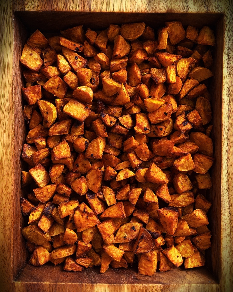 The image shows a wooden tray full of roasted potato pieces. The potatoes are cut into small uneven chunks and have a dark orange-brown color with some darker spots from roasting. The pieces are spread out closely, covering the entire tray in a single layer. The wood has a natural light brown color with visible grain patterns. photo taken with an iphone --ar 4:5 --v 7