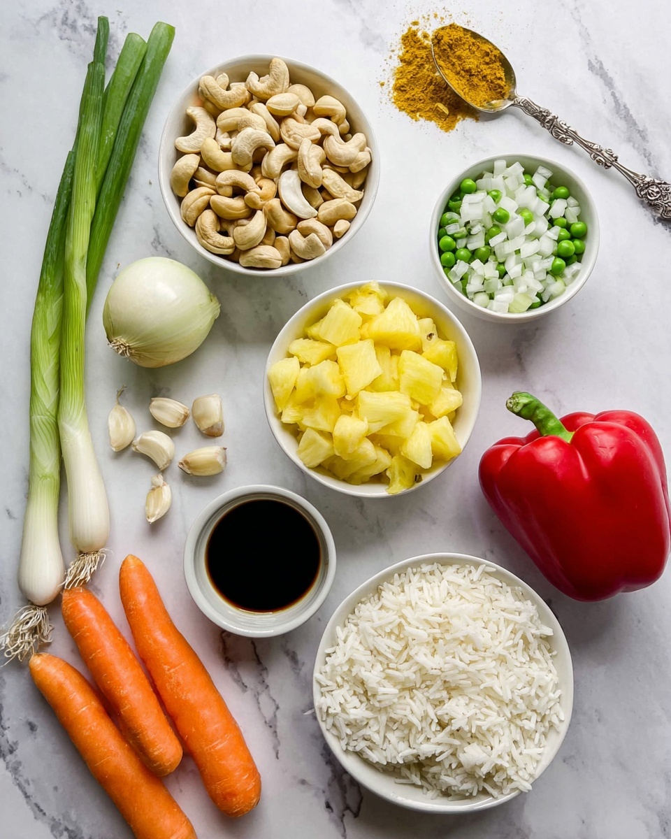 A white bowl filled with bright yellow rice mixed with small pieces of orange and red bell peppers scattered throughout. There are chopped green onions and whole cashew nuts spread on top and mixed in, giving texture and color contrast. A metal fork is placed inside the bowl resting on the rice, with a small piece of yellow rice on the fork. Fresh cilantro leaves garnish the top, adding a touch of green. The bowl is placed on a rustic white wooden surface with a textured blue cloth nearby. In the background, part of a fresh pineapple is visible out of focus, adding to the tropical feel. Photo taken with an iphone --ar 4:5 --v 7