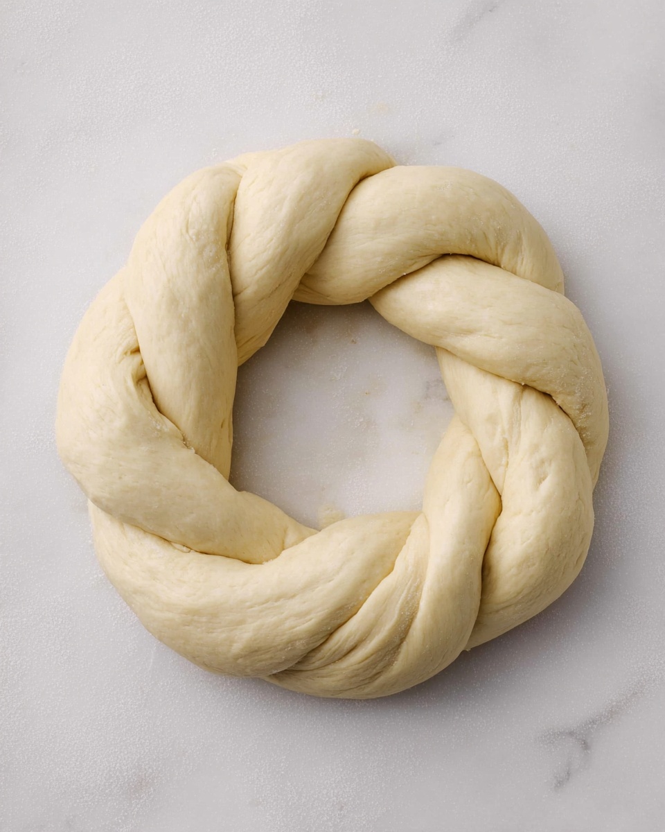 A round, braided pastry is shown with its golden-brown crust visible in many places. The pastry is decorated with a thick layer of white icing drizzled unevenly across the top and dusted with colored sugar in purple, green, and yellow, creating a festive look. The pastry is on white parchment paper over a white marbled surface. A silver knife is cutting into the right side of the pastry, held by a woman's hand that is partially visible. The bright colors of the sugar contrast nicely with the warm brown of the bread. photo taken with an iphone --ar 4:5 --v 7