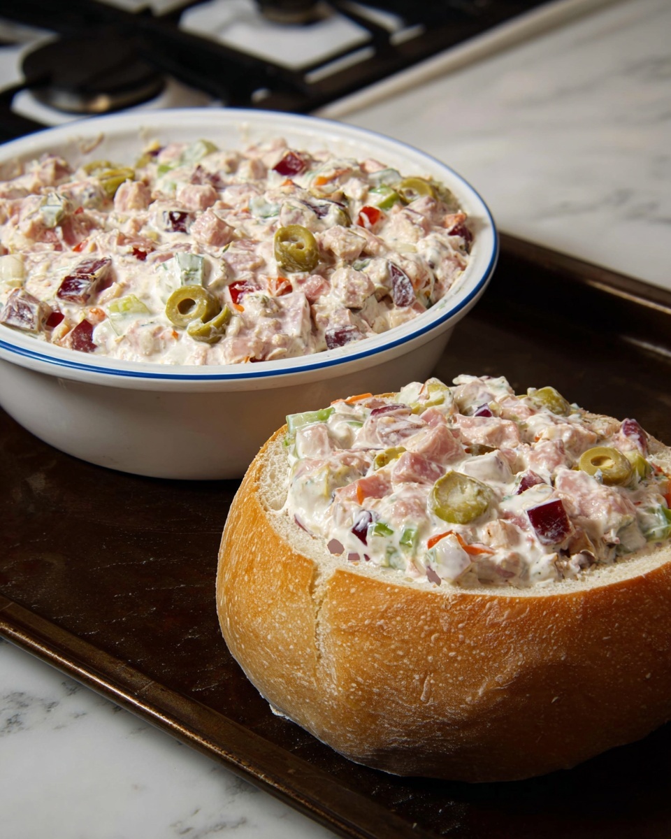 The image shows two servings of a creamy meat and vegetable salad. One serving is in a round white bowl with blue outer sides, piled high with a mixture of chopped meats, green olives, and small pieces of red and white vegetables, all coated in a creamy white dressing. The other serving is presented inside a hollowed-out round bread loaf with a light brown crust, generously filled with the same creamy salad mixture, where chunks of meat, olives, and bits of vegetables are visible. Both are placed on a dark baking tray with a stove in the background, resting on a white marbled surface. Photo taken with an iphone --ar 4:5 --v 7
