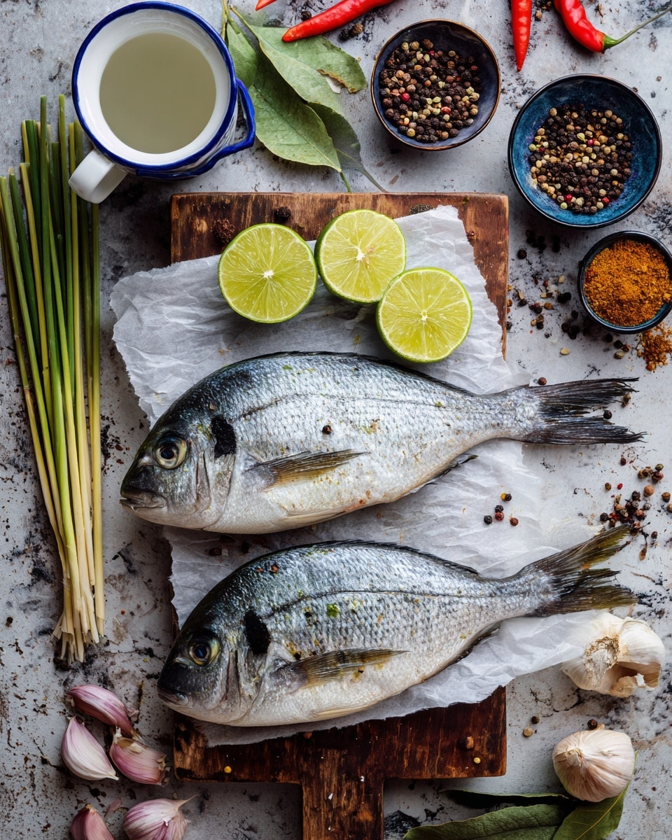 The image shows two whole fish with silver and white scales placed side by side on white parchment paper over a dark wooden board in the center. Each fish has a half lime beside it, showing bright green flesh. Around the board on a worn dark gray surface, there are three stalks of pale green lemongrass on the left and a white cup with blue handles filled with a white liquid at the bottom left. Near the bottom right, there are cloves of garlic with light purple stripes and a stalk of lemongrass next to a halved lime. On the top right, there is a bunch of dark green leaves attached to a lime, two small blue bowls with brown and orange spices, and several individual garlic cloves. At the top center, there are three red chili peppers and two lime halves showing the green inside, along with a small bowl of mixed black, white, and brown peppercorns and some scattered peppercorns and seeds. The surface is changed to a white marbled texture. Photo taken with an iphone --ar 4:5 --v 7