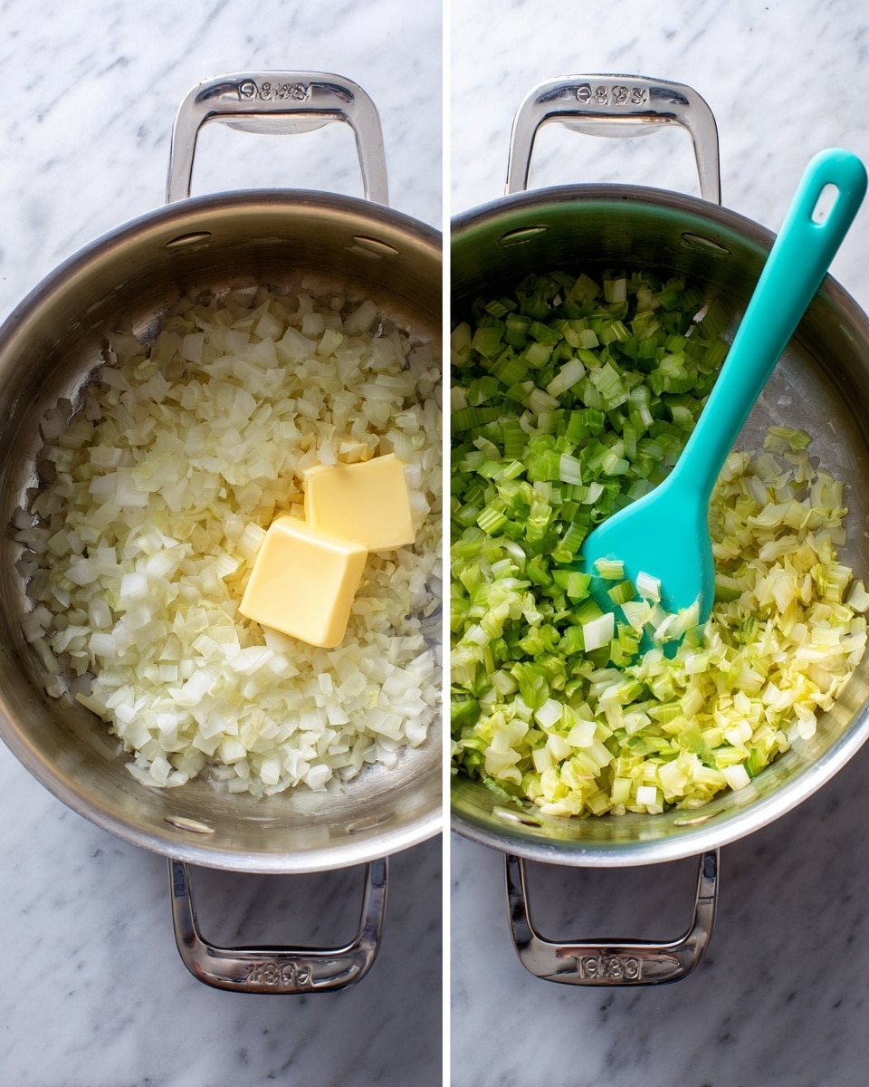 A stainless steel pot sits on a white marbled surface, showing two stages of cooking. The first stage shows three layers inside the pot: finely chopped white onions occupying the top right half, small diced green celery filling the bottom left half, and a square of pale yellow butter placed near the celery on the left side. The second stage shows the same pot with the onions and celery softening and mixing together, stirred by a teal silicone spatula resting inside. The chopped vegetables now appear lighter and slightly translucent, sitting evenly on the bottom of the pot. photo taken with an iphone --ar 4:5 --v 7