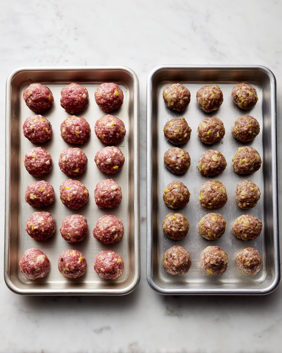 Two metal baking trays are placed side by side on a white marbled surface. The tray on the left holds 30 round balls of raw meat mixed with visible small yellow and white bits, arranged in 5 rows and 6 columns. The tray on the right shows the same 30 balls but cooked, with a brownish color and a slightly rough texture. Both trays are rectangular with slightly raised edges, evenly spaced with the meatballs, and the lighting shows soft shadows around the edges. photo taken with an iphone --ar 4:5 --v 7
