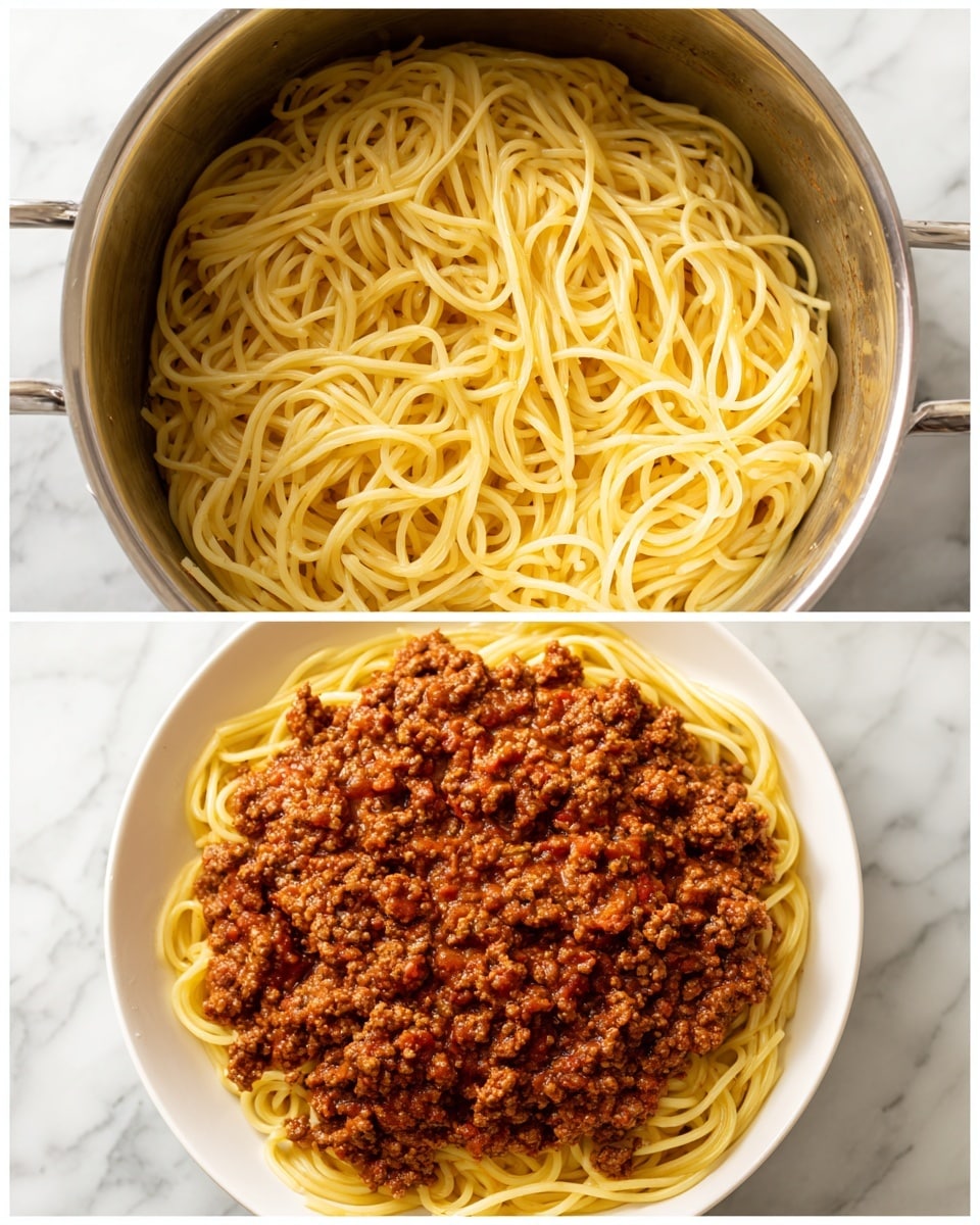 The first image shows a silver pot filled with plain cooked spaghetti. The spaghetti is light yellow in color and looks soft and slightly shiny. The noodles are piled loosely, filling most of the pot. The pot sits on a white marbled surface. The second image shows a white plate filled with spaghetti mixed with meat sauce. The bottom layer is the light yellow spaghetti noodles arranged in a tangled way. The top layer is a thick, brownish-red meat sauce with visible pieces of ground meat and small chunks of tomato, spread unevenly over the noodles. The plate also sits on a white marbled surface. photo taken with an iphone --ar 4:5 --v 7