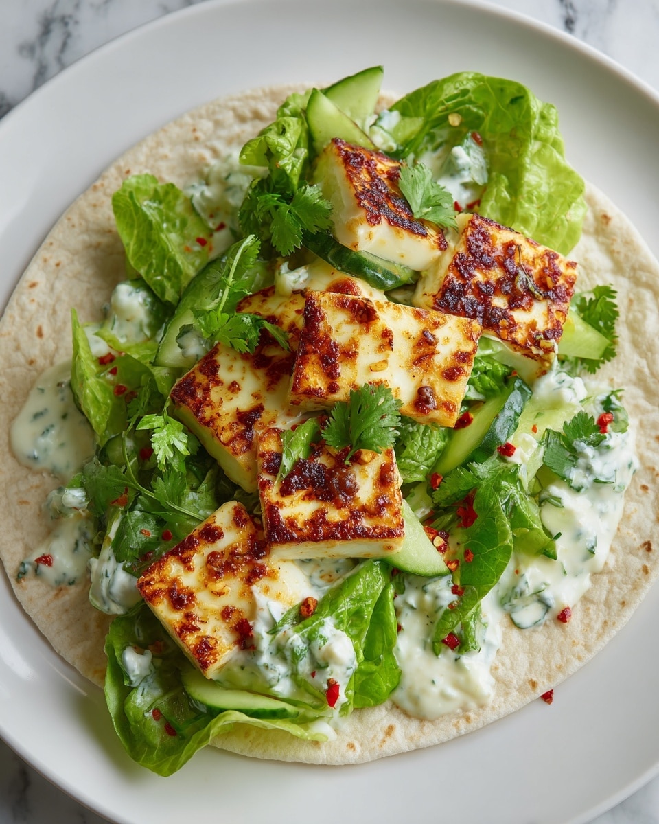 A close-up view of a wrapped soft tortilla showing three layers inside: the first layer is golden brown grilled shrimp with some crispy char marks, the second layer includes fresh green cilantro leaves scattered over and a few thin slices of bright green cucumber, the third layer is a dollop of white creamy sauce topped with small red chili flakes. The tortilla is folded on a wooden board with a white marbled texture background. photo taken with an iphone --ar 4:5 --v 7