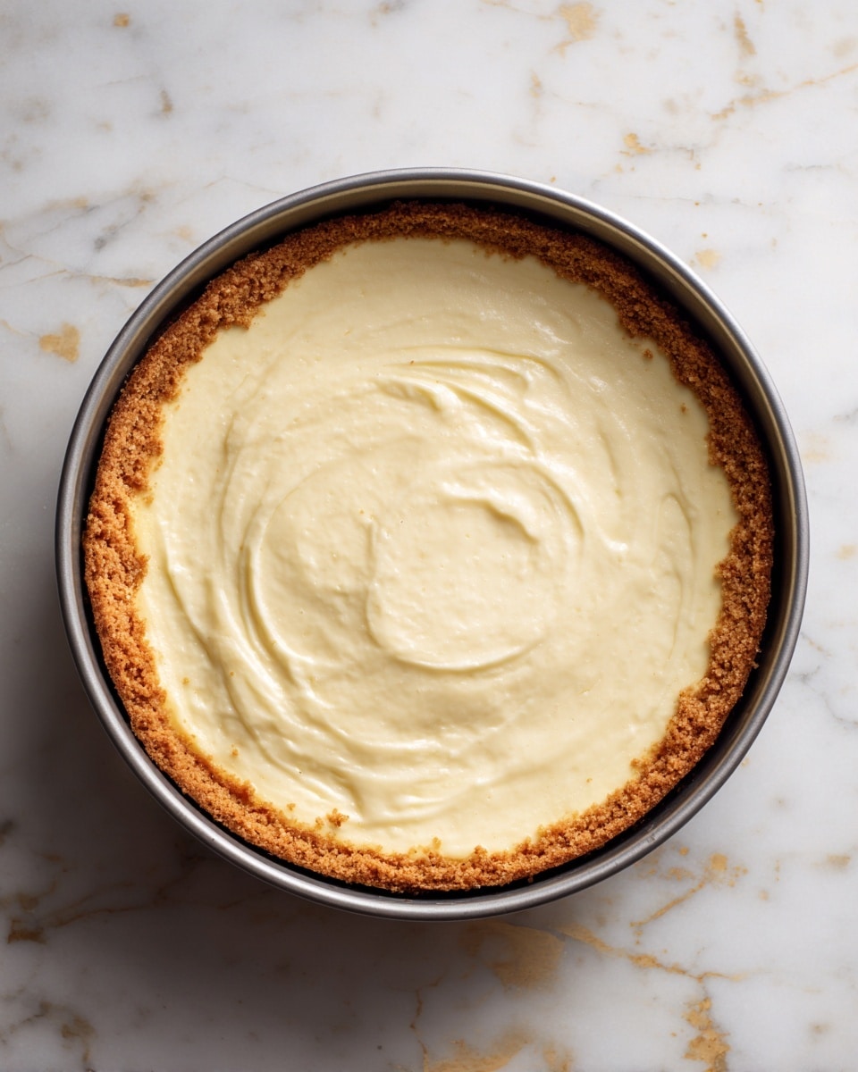 A springform pan holds a cheesecake with two main layers: a light golden brown crust around the edges and a smooth, creamy pale yellow cheesecake filling in the center. The crust is slightly thicker and crumbly, forming a firm border, while the filling looks even and soft with a subtle swirl on top. The pan sits on a white marbled surface with faint grey veins and touches of gold. Photo taken with an iphone --ar 4:5 --v 7