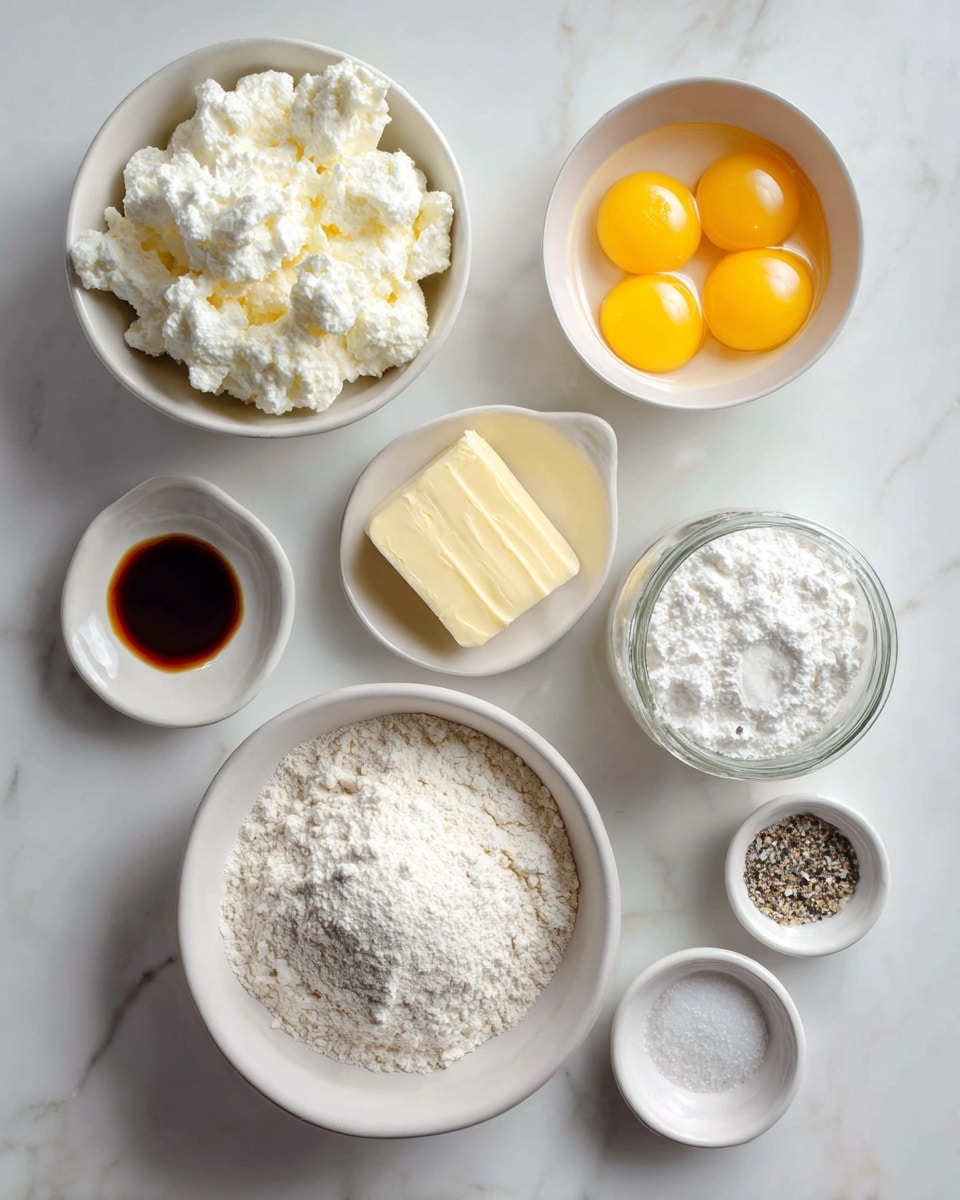 Several small white bowls and a glass jar are arranged on a white marbled surface. The largest bowl at the bottom holds a pale powdery flour with a small mound in the middle. Above it, another white bowl contains big white lumps of cottage cheese topped with a dollop of smooth cream cheese. To the right, a bowl has three bright yellow raw egg yolks in clear whites. A small white dish with dark brown vanilla extract is at the left. Near the center, a white bowl holds a square of pale yellow butter. A glass jar filled with white granulated sugar is placed to the right, while two small white bowls near the bottom right contain fine white salt and a mix of white and black ground pepper. The scene is well lit and clean, set on the smooth white marble background photo taken with an iphone --ar 4:5 --v 7