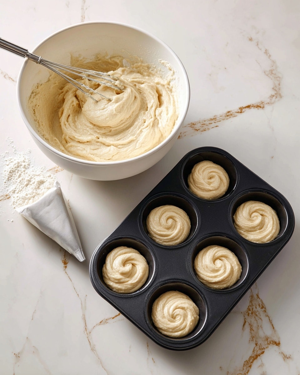 The image shows a black donut baking pan with eight cavities, each filled with a light beige batter swirled in a ring shape with a smooth, creamy texture. The pan is placed on a white marbled surface with gold veins. To the left, there is a large white mixing bowl filled with the same batter, with a metal whisk inside covered in batter. Next to the bowl is a white piping bag filled with batter, lying on the surface with a metal tip attached. The scene is bright and clean, with soft natural light coming from the top left corner. photo taken with an iphone --ar 4:5 --v 7