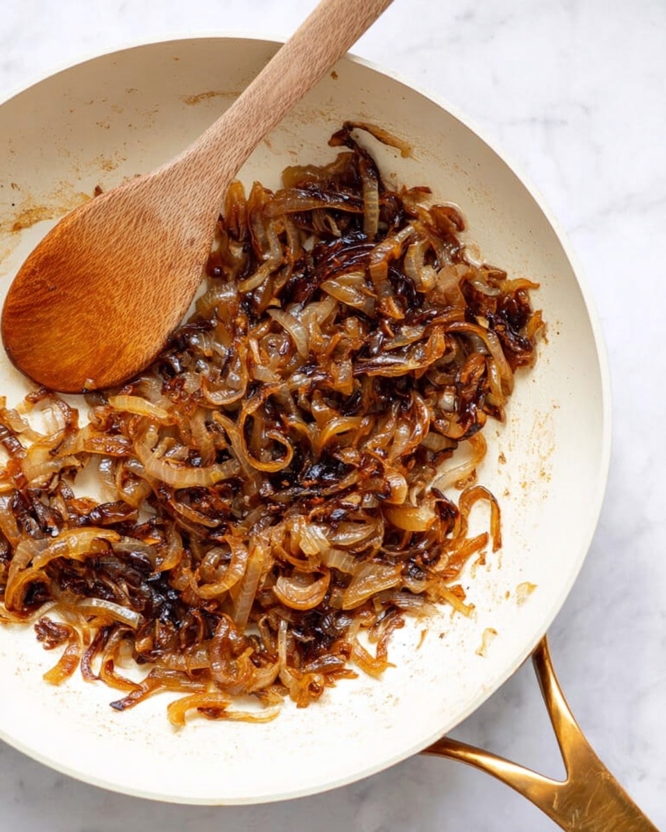 The image shows a white pan with a shiny gold handle filled with caramelized onions. The onions are a mix of golden brown and dark brown colors, with some pieces darker and almost crispy at the edges. They look soft and slightly shiny from the cooking oil. A wooden spoon is stirring the onions from the top left part of the pan, its smooth surface slightly touching the onions. The background is a white marbled surface, which adds a clean and bright look to the scene. photo taken with an iphone --ar 4:5 --v 7