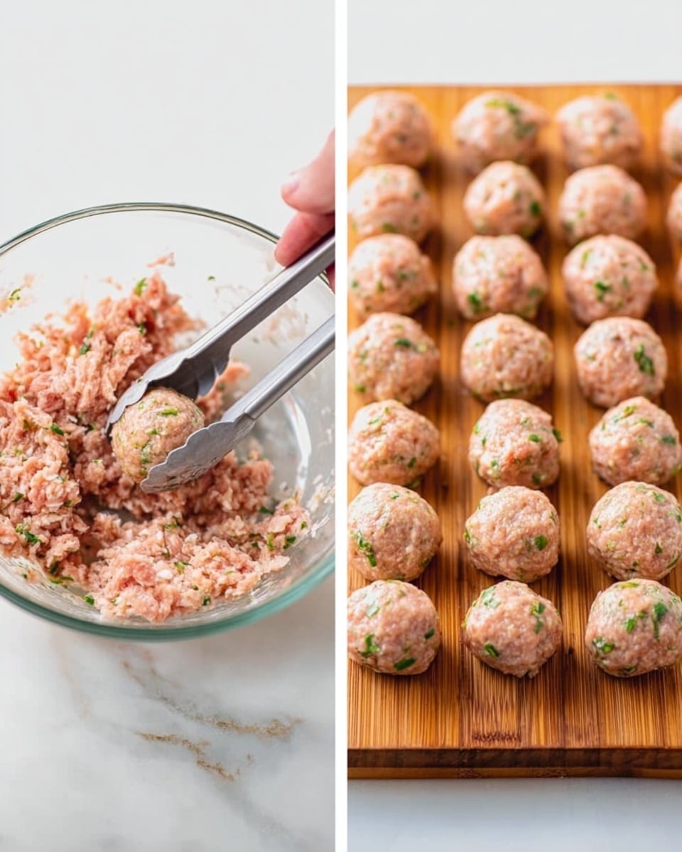 The image on the left shows a clear glass bowl with a mixture of ground meat and herbs inside, having a light pink color with green specks. A silver spoon is pressed into the mixture, held by a woman's hand with tongs. The image on the right displays small round meatballs, neatly arranged in rows on a wooden board. Each meatball is light pink with small green herb spots, showing a smooth texture all around. The background surface is white marbled texture. photo taken with an iphone --ar 4:5 --v 7