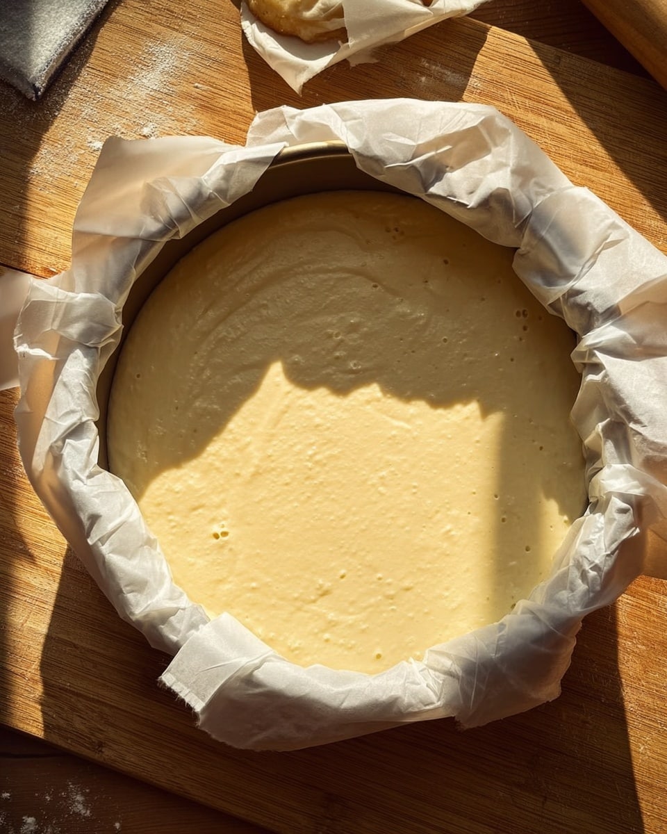A round baking pan lined with white parchment paper folded around the edges is filled with a smooth, pale yellow batter that has a few small air bubbles on the surface. The batter fills almost the entire pan, resting on a wooden surface with light shining from above, casting shadows across part of the batter and paper. The scene shows ingredients partially visible at the edges, hinting at baking preparation in progress. photo taken with an iphone --ar 4:5 --v 7