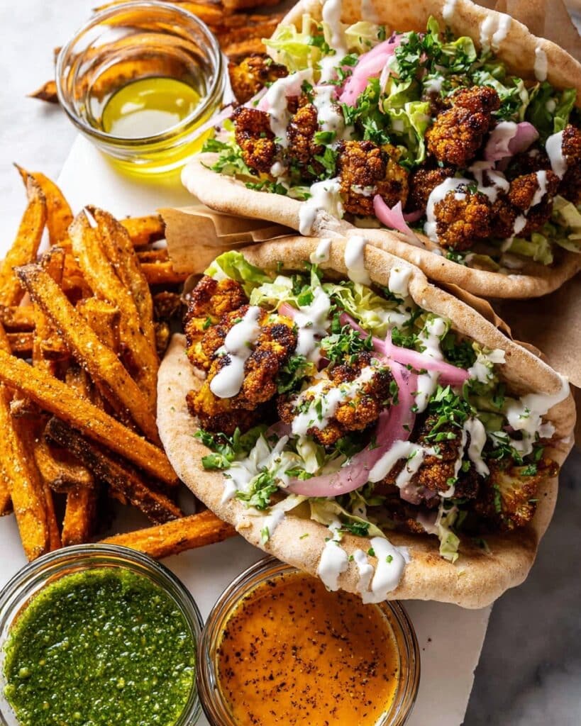 Roasted Cauliflower Pitas with Zhug and Garlic Tahini Recipe