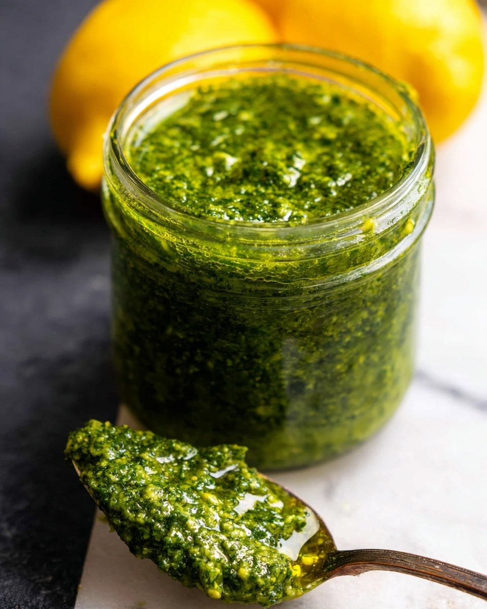 A clear glass jar filled with a thick, bright green pesto sauce that has a slightly coarse texture and a shiny, oily surface. Next to the jar is a spoon holding some of the pesto, showing its textured, leafy green mixture with a bit of oil glistening on top. In the background, two yellow lemons are slightly blurred, all placed on a white marbled surface. The scene highlights the fresh, vibrant green color of the pesto and the natural light reflecting off the oil and jar. photo taken with an iphone --ar 4:5 --v 7