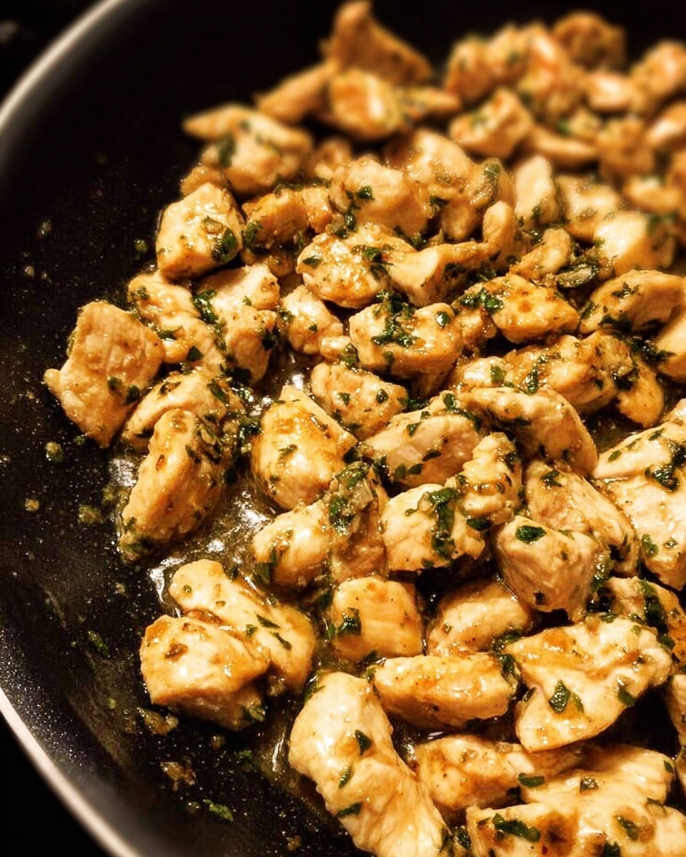 The image shows many small pieces of light golden cooked chicken with some green herbs mixed in, all inside a black pan. The chicken pieces look soft and lightly browned with some shiny spots, showing they are cooked in some oil or sauce. The background is out of focus but the main focus is just the chicken in the pan. Photo taken with an iphone --ar 4:5 --v 7