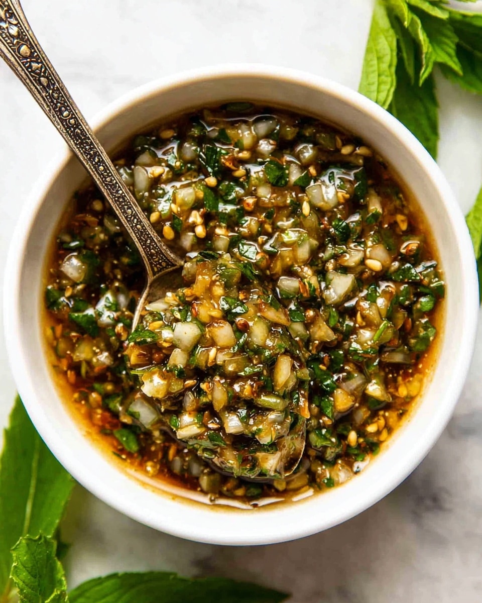 A close-up top view of a small white bowl filled with a chunky mix of finely chopped white onions and green herbs, all coated in a glossy, brownish, slightly oily sauce. The mixture has a slightly wet texture with visible bits of fresh green leaves and small seeds mixed evenly throughout. A silver spoon with a decorative handle is dipped into the bowl, partially submerged in the mixture. The bowl is placed on a white marbled surface with a few fresh green herb leaves scattered around it for decoration. Photo taken with an iphone --ar 4:5 --v 7