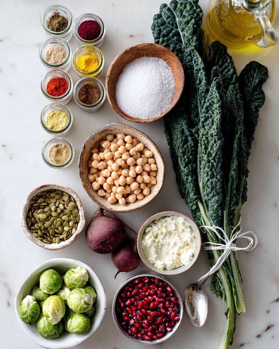 The image shows a set of fresh and dry ingredients laid out neatly on a white marbled surface. On the left side, there are five small glass containers stacked vertically, each filled with different colored powdered spices, ranging from deep red to yellow and light beige. Next to these, a wooden bowl holds coarse white salt. Below it are two small beets with dark red skin and visible stems. In the center-top is a rustic bowl filled with light beige chickpeas, slightly rough in texture. To the right of this bowl is a large green bunch of dark leafy kale with crinkled leaves, tied together with a white string. Below the kale is another rustic bowl filled with fresh green Brussels sprouts. At the bottom left, a white bowl holds greenish pumpkin seeds, next to it is a white bowl filled with bright red pomegranate seeds. Next to these bowls and towards the right is a smaller rustic bowl with white cottage cheese with a smooth silver spoon resting on its edge. At the top-right corner, a glass jar contains golden olive oil with a bottle visible behind it. Everything is set on a clean, white marbled background, creating a fresh and vibrant presentation photo taken with an iphone --ar 4:5 --v 7