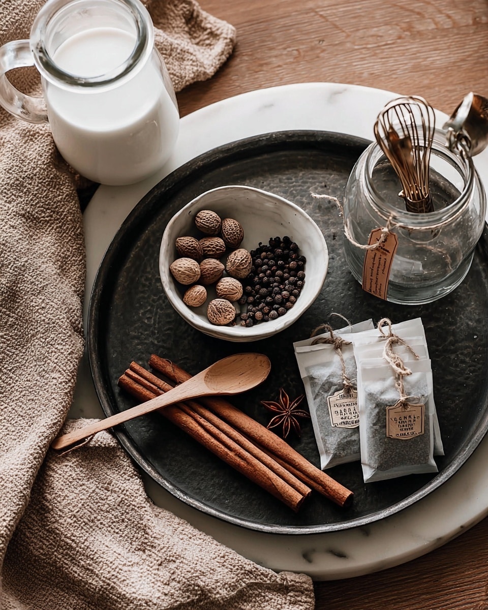Two clear glass mugs filled with a layered chai latte are placed on a white marbled surface. Each mug has a bottom layer of dark brown tea, a middle layer of light brown milk tea, and a thick top layer of white foam sprinkled with brown cinnamon powder. One mug sits directly on the surface, while the other rests on a small white marble square slab. Around the mugs, there are whole light brown ginger roots, several green cardamom pods, three cinnamon sticks arranged in a group, a pile of small dark brown cloves scattered loosely, two nutmegs (one whole and one with texture showing), and a small clear glass bowl filled with white grated coconut. The setting is neat and bright, showcasing a calm and natural tea scene. photo taken with an iphone --ar 4:5 --v 7