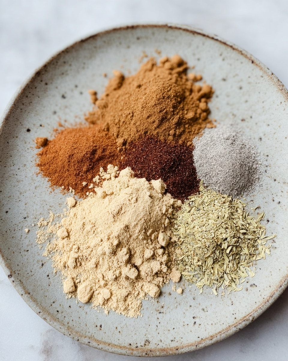 A white plate with a rough edge and subtle dark speckles holds seven small piles of different spices arranged in a loose circle. Starting at the back left, there is a mound of medium brown spice, next to it on the right is a light grayish spice, below it is a fine dark reddish-brown spice, to its right is a light gray-green spice, below this is a medium brown powder, to its left is a pale yellow-green dried herb, and in the front center is a heap of pale beige powder that looks coarse and crumbly. The white marbled surface underneath the plate softly contrasts with the colors of the spices. photo taken with an iphone --ar 4:5 --v 7