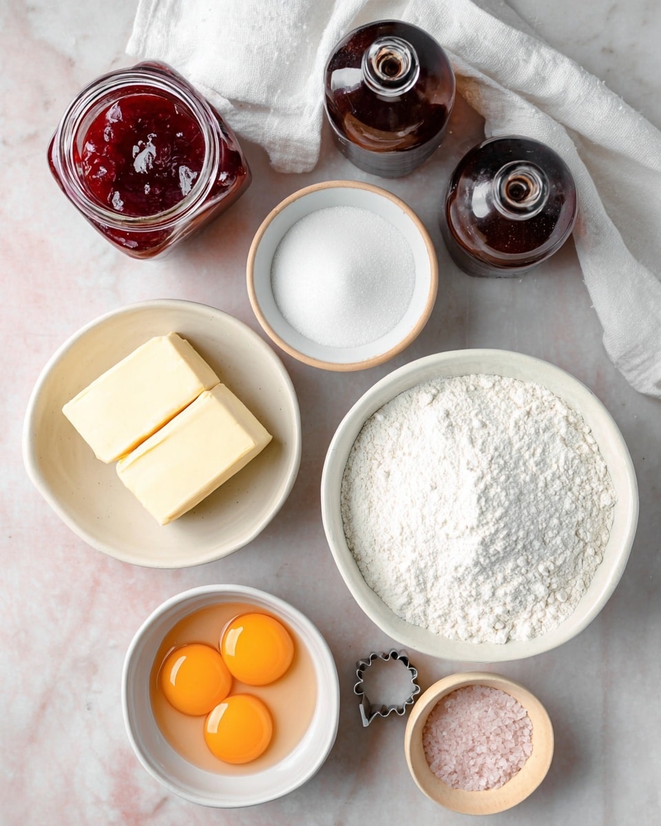 The image shows several white bowls arranged on a white marbled surface, each containing baking ingredients. Starting from the top right, there is a white bowl filled with white flour, next to it a slightly smaller white bowl filled with white sugar placed below. To the left of the sugar, there is another white bowl holding three pale yellow sticks of butter stacked together. Below the butter, a tiny light wood bowl has some fine pink salt. Beside the salt bowl, a small white bowl contains two bright orange egg yolks. Above all the bowls, two brown glass bottles without caps stand side by side, and to their left, there is a square glass jar filled with red jam with a silver spoon inside. A white cloth and a round metal cookie cutter are partially visible behind the bowls. photo taken with an iphone --ar 4:5 --v 7