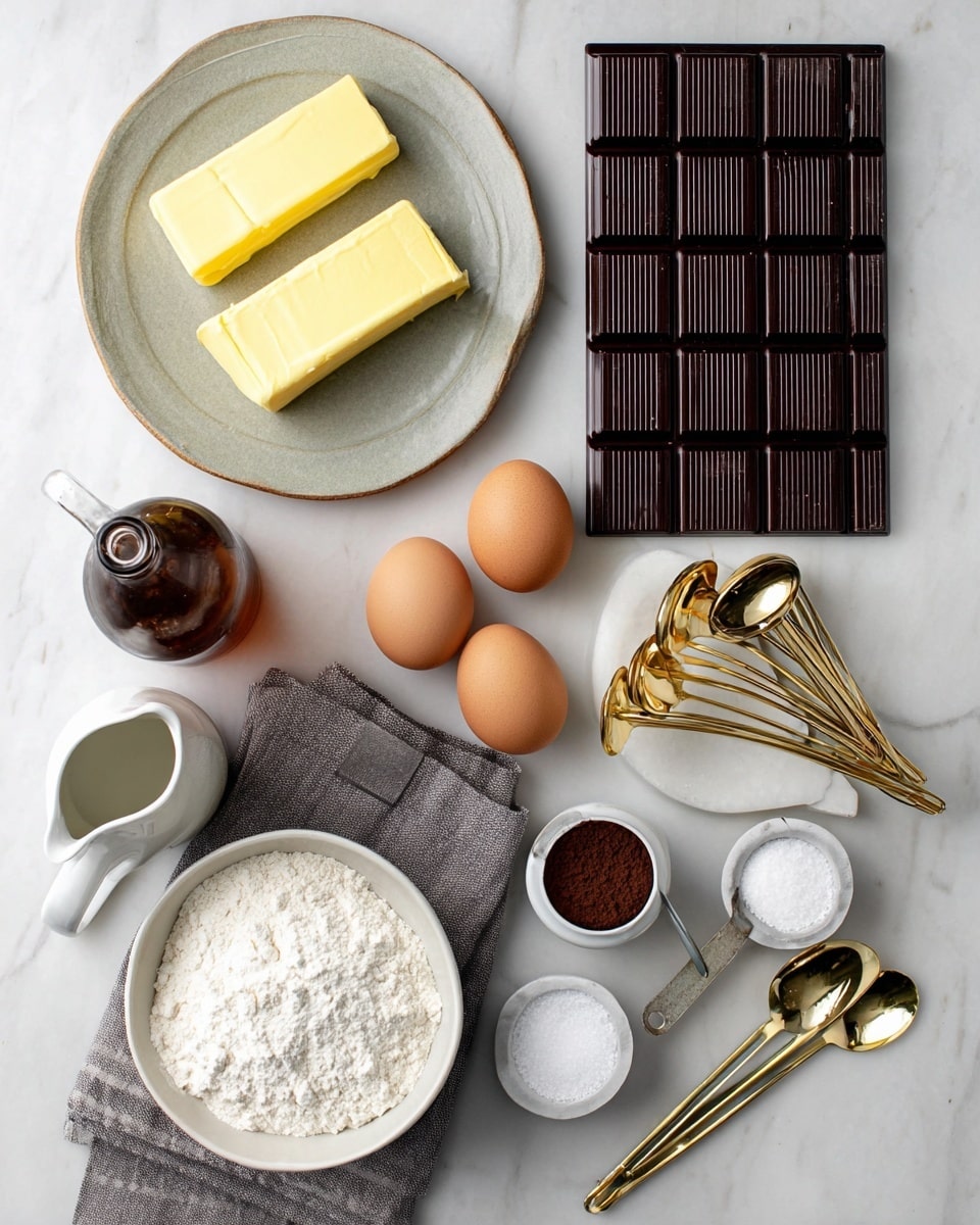 The image shows a baking setup arranged neatly on a white marbled surface. At the top left, a round ceramic plate holds two yellow butter sticks, one longer and one shorter. Next to it is a brown glass bottle. To the right is a dark chocolate bar with deep grooves and a set of five gold measuring spoons stacked inside one another. Below, a small container holds dark brown cocoa powder with one gold spoon inside. On a folded gray cloth, three brown eggs rest beside four additional gold measuring spoons. A white bowl filled with white flour is placed near a small round marble container with a matching lid, which contains white salt and a gold spoon. At the bottom left, a white pitcher holds granulated white sugar. photo taken with an iphone --ar 4:5 --v 7