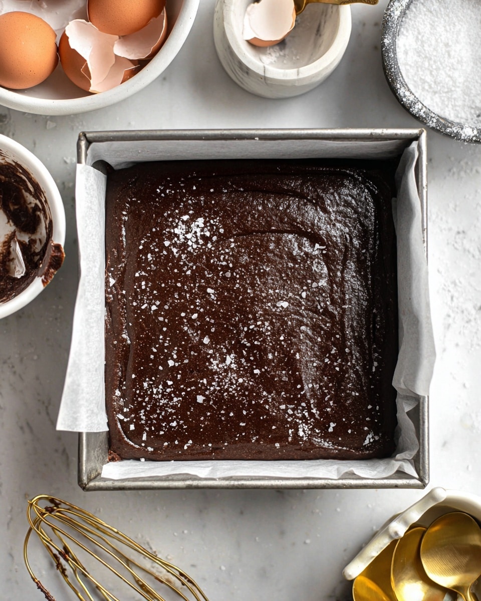 A square metal baking pan lined with white paper holds a single thick layer of dark chocolate batter spread unevenly, topped with coarse white salt crystals scattered on the surface. Around the pan on a white marbled texture, there is a white bowl with cracked brown eggshells, a white bowl with a whisk coated in dark chocolate residue, and a small container with a marble pattern containing two golden spoons, one resting inside the container. photo taken with an iphone --ar 4:5 --v 7