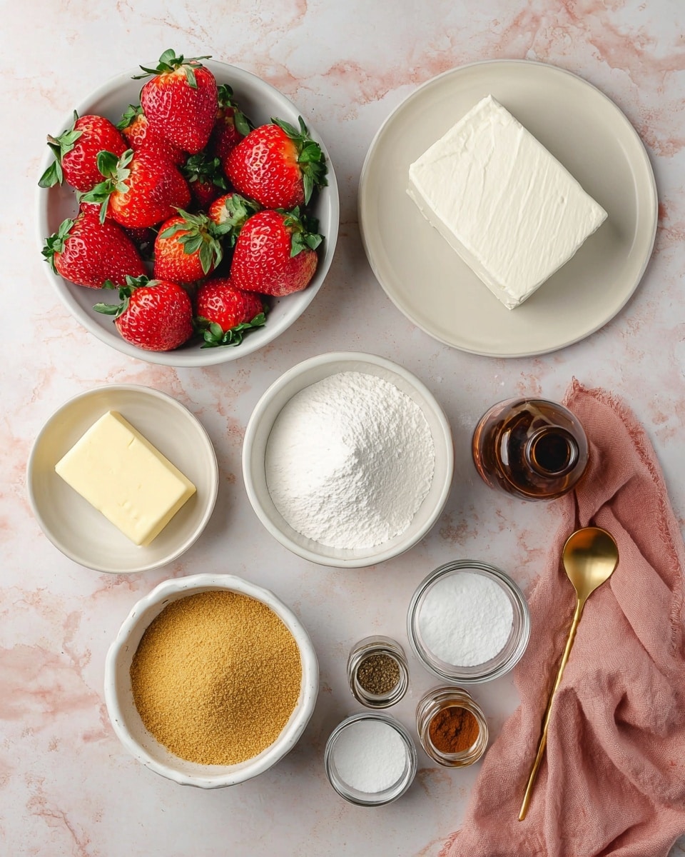 The image shows a collection of ingredients arranged neatly on a white marbled surface. At the top left, a white bowl holds fresh, bright red strawberries with green leaves. To the right, a white plate has a rectangular block of white cream cheese. Below that, another white bowl contains a mound of white powdered sugar. A small white bowl with a light yellow piece of butter is placed beside it. To the left, a white bowl is filled with golden-brown graham cracker crumbs. Below that, two smaller white bowls hold a white powder (likely salt) and a small amount of white liquid. A small brown glass bottle is near the bowls, and two small glass jars with ground cinnamon and nutmeg with a gold spoon rest on the right side next to a pink cloth napkin. Photo taken with an iphone --ar 4:5 --v 7