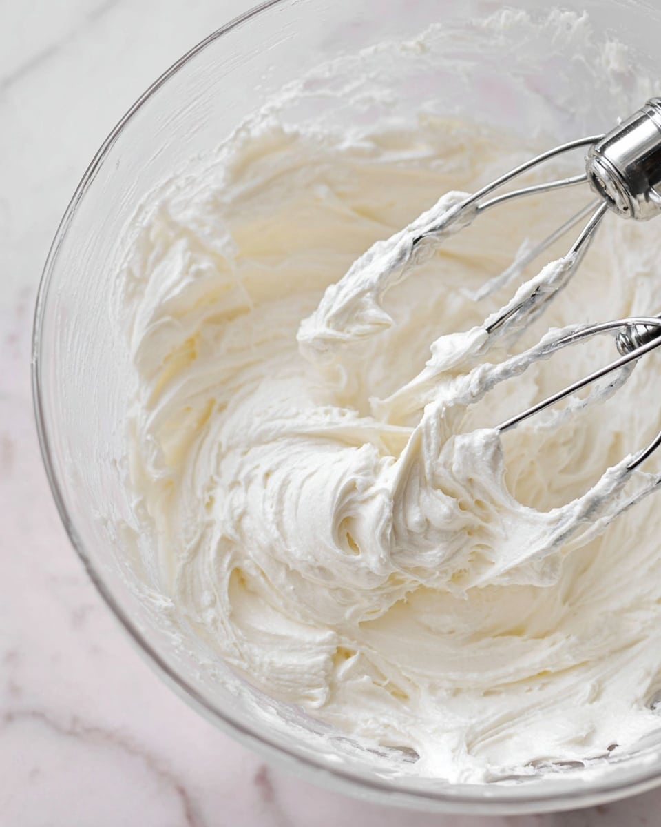 A close-up view of thick, creamy white frosting in a clear glass bowl with two shiny metal beaters partially covered in the smooth frosting. The texture is soft and fluffy, with some streaks and swirls visible around the edges of the bowl. The background shows a clean white marbled surface. photo taken with an iphone --ar 4:5 --v 7