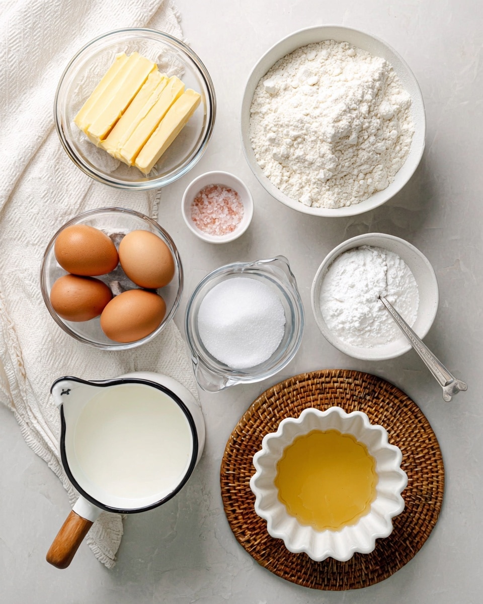 The image shows a top view of nine ingredients neatly arranged on a white marbled surface with a textured white cloth on the left side. At the top left, there is a clear glass bowl holding two rectangular sticks of yellow butter. Next to it on the right, a medium white bowl is filled with white flour, with a rough texture visible. Below the butter, a small white bowl containing a pinch of pink salt sits next to another small white bowl filled with a white powder, likely baking powder. To the right of these, there is a clear glass measuring cup filled with creamy white milk. At the bottom left, a white fluted bowl holds four brown eggs. Below and slightly to the right of the eggs, a round bowl with a scalloped edge contains white granulated sugar. A small glass measuring cup holding clear liquid is next to the sugar bowl. On the bottom right, a white ceramic saucepan with a wooden handle sits on a round woven rattan coaster, filled with golden-yellow melted butter or oil. The setup is clean and bright, highlighting each ingredient clearly photo taken with an iphone --ar 4:5 --v 7