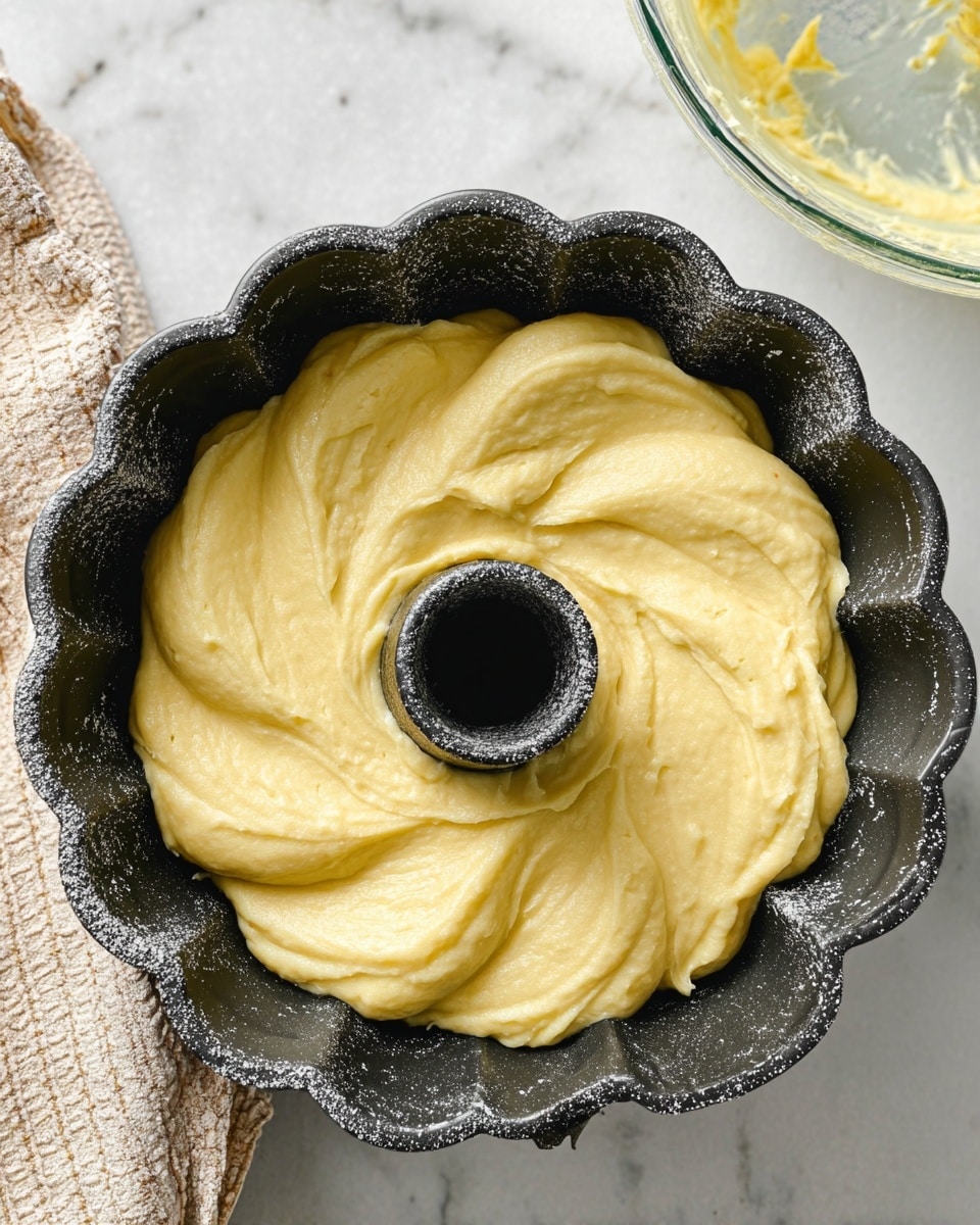 A close-up top view of a black Bundt cake pan dusted with flour, filled with smooth, light yellow cake batter. The batter layer is thick and even, with soft swirls and folds visible on the surface. The pan has detailed scalloped edges and a hollow center tube. The background is a white marbled texture, and a beige textured cloth is partially visible on the left side. In the upper right corner, a glass bowl with some yellow residue is slightly visible. Photo taken with an iphone --ar 4:5 --v 7
