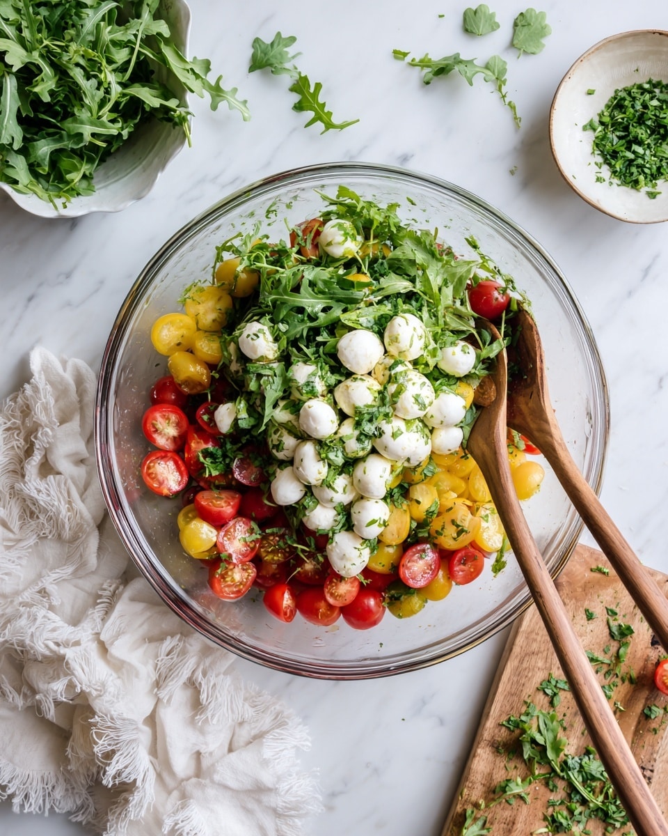 A clear glass bowl sits on a white marbled surface filled with mixed colorful salad layers. The bottom layer has yellow and red cherry tomatoes that are smooth and round, topped with bright green arugula leaves that have a soft, leafy texture. Scattered across the top are small white mozzarella balls with a smooth surface. Over all the ingredients, there is finely chopped green herbs, adding a fresh and leafy look. Two wooden spoons are placed inside the bowl, one towards the top right and the other on the left side. Around the bowl, there are loose arugula leaves, some cherry tomatoes, and a white cloth with fringes on the bottom left corner. Nearby, there is a small white bowl with arugula and a wooden cutting board with leftover herb bits. Photo taken with an iphone --ar 4:5 --v 7
