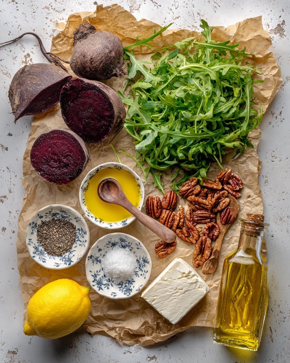 A long white rectangular plate sits on a white marbled surface, filled with dark purple beet slices arranged in a single layer on a bed of bright green arugula leaves that peek out from beneath the beets. Crumbled white cheese is sprinkled over the top, along with small pieces of chopped nuts adding a light brown and textured contrast. A light golden dressing is drizzled across the dish, giving a subtle shine on the beet slices. On the edges of the image, parts of a piece of light beige flatbread and a gold fork resting on the plate are visible. Photo taken with an iphone --ar 4:5 --v 7