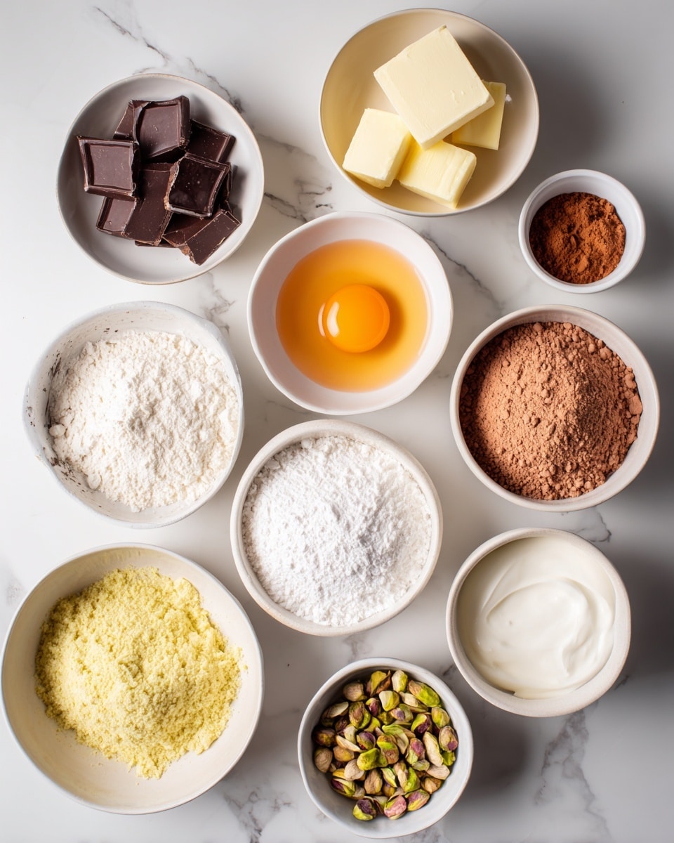 Several white bowls are placed on a white marbled surface, each holding a different ingredient for baking. One bowl has dark brown chocolate pieces, another holds four small squares of pale yellow butter. There is a bowl with a single raw egg showing a vivid orange yolk, and another with smooth off-white cream. A few bowls contain dry ingredients: one with white flour, one with light brown powder, one with a reddish-brown powder, and another with granulated white sugar. A bowl near the center has a thick yellow mixture topped with dry powder, and a small bowl holds chopped pistachio nuts with shades of green and brown. The overall look is clean and organized with varied textures and gentle colors, all in white bowls on the marble. photo taken with an iphone --ar 4:5 --v 7