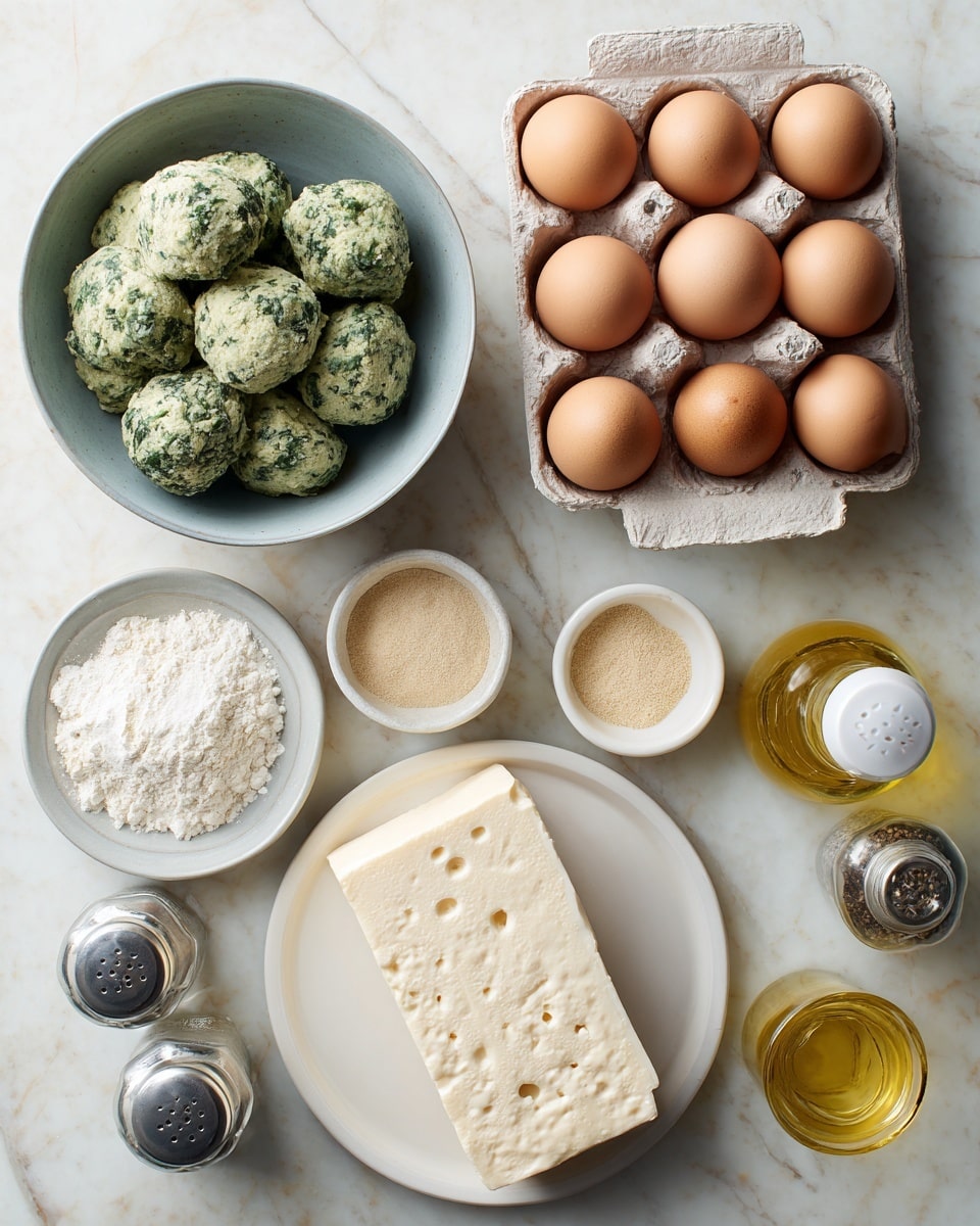 The image shows an arrangement of cooking ingredients on a white marbled surface. In the top left, there is a gray bowl filled with frozen green spinach balls that have rough, icy textures. Below, a carton holds six brown eggs with smooth shells. To the right, two small white bowls contain light beige and pale yellow powders. Further right, there are two clear glass shakers, one filled with pepper and the other with salt, and a glass bottle with light yellow oil and a white top. At the bottom right, a white plate holds a rectangular block of white cheese with small holes and a soft texture. Photo taken with an iphone --ar 4:5 --v 7