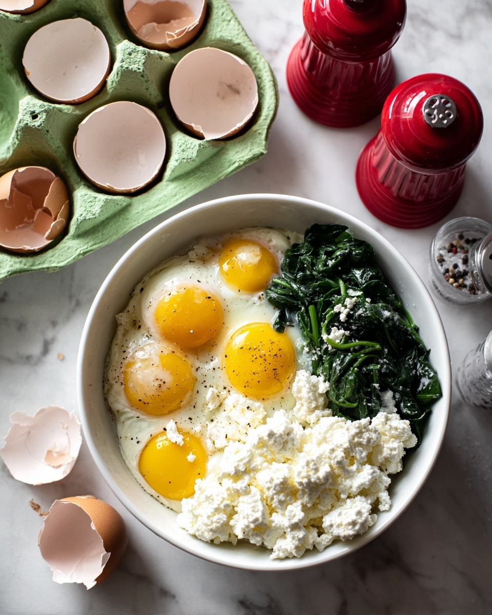 There are six small egg muffins on a white round plate placed on a white marbled surface. Each muffin has a yellow egg base with chopped dark green spinach leaves mixed through the top and small white cheese pieces sprinkled throughout. The muffins have a slightly bumpy texture from the cooked eggs and spinach. Two muffins are in red silicone cups, adding a pop of color. The plate is placed slightly off-center, showing part of the white marbled surface. photo taken with an iphone --ar 4:5 --v 7