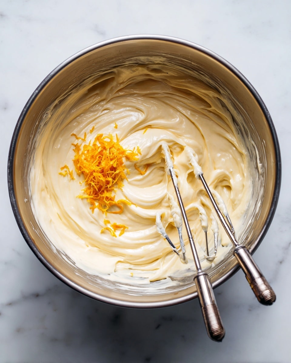 A top view of a shiny metal mixing bowl with creamy, pale yellow batter inside, showing soft, smooth swirls. There is a small pile of bright orange lemon zest on top of the batter. Two silver beaters from an electric hand mixer rest in the batter, with some batter clinging to the beaters. The bowl is placed on a white marbled surface, clean and bright. photo taken with an iphone --ar 4:5 --v 7