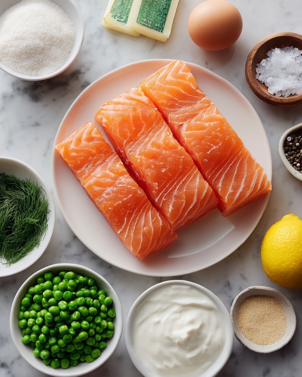 The image shows four bright orange slices of raw salmon with white fat lines arranged side by side on a white plate at the top left. Around the plate are small white bowls holding different ingredients: finely chopped green cucumber at the bottom left, white flour below it, fresh green dill just right of the flour, and round frozen green peas at the middle right. In the center is a bowl with smooth, white cream. To the top right of these bowls are small brown containers with coarse black pepper and white sea salt. An unpeeled brown egg with a green stamp is placed between the pepper, salt, and the white bowls holding minced garlic and milk near the top right. A whole, bright yellow lemon is located at the bottom right, near a small white bowl with a light tan powder. All of this is set on a white marbled surface. photo taken with an iphone --ar 4:5 --v 7