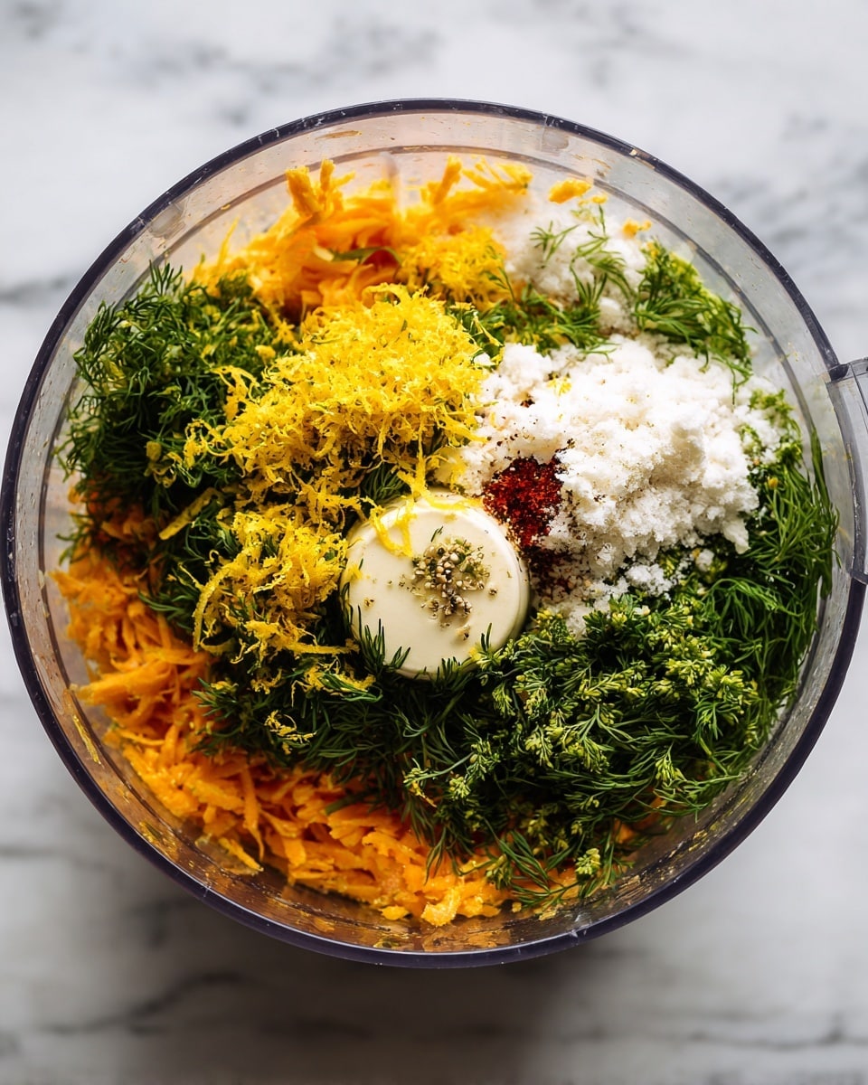 A clear round food processor bowl is filled with multiple layers of ingredients: the bottom layer is an orange shredded or grated base, topped with fresh green dill bunches spread unevenly around the bowl. On top of the dill, there are scattered bright yellow lemon zest shreds and a mound of white flour sitting mostly on one side. Small black specks of pepper are lightly sprinkled over the herbs. A small amount of red liquid, possibly tomato or pepper juice, is visible near the bottom. The bowl is set on a white marbled surface. Photo taken with an iphone --ar 4:5 --v 7