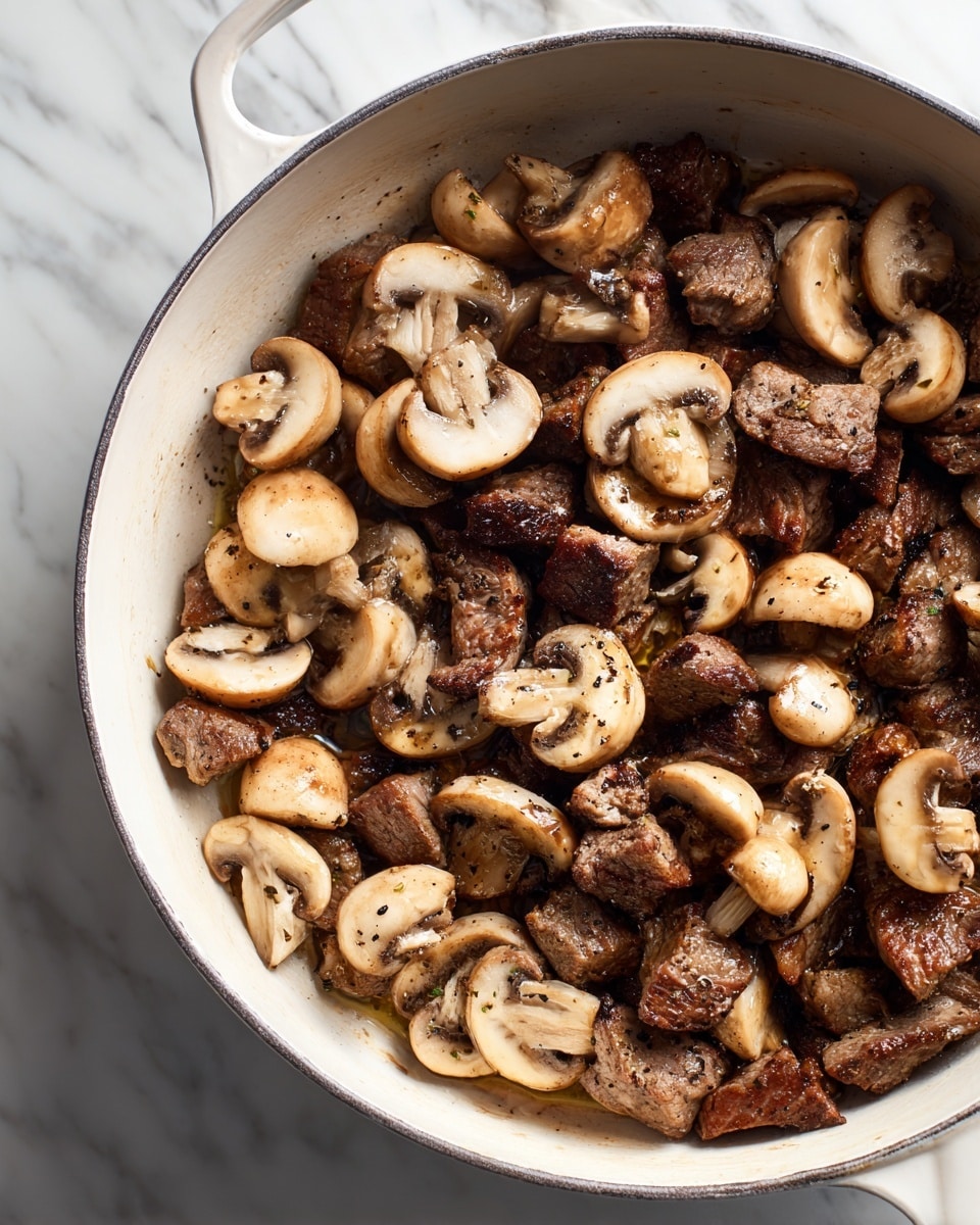 A large white bowl filled with many thick, square pieces of frozen meat stacked unevenly, showing frost on their textured surfaces; behind it, another large white bowl brimming with whole white mushrooms that look clean and fresh; in the background, a clear glass filled with pale yellow wine next to a silver cup full of white cream, and a dark wooden pepper grinder; in the foreground, several small bowls contain golden olive oil, dark brown sauce, white grated cheese, and a small mound of salt, along with two whole shallots placed on a white marbled surface photo taken with an iphone --ar 4:5 --v 7