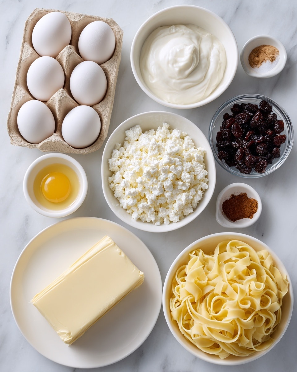 The image shows a white marbled surface with various ingredients arranged neatly. There are six white eggs in a beige carton on the lower left, next to a large white bowl filled with fine white sugar. Above the sugar, a smaller white bowl holds white cottage cheese with a nubby texture. To the right, a large white rounded bowl contains smooth white sour cream. A small white bowl at the top right is full of dark raisins. A clear glass bowl on the right side holds a pile of uncooked yellow egg noodles, curly and layered. In the center, a white plate holds a smooth, rectangular block of cream cheese. Near the bottom left, there is a small white bowl with melted yellow butter, a tiny bowl of white salt, a smaller bowl with dark vanilla extract, and another tiny bowl with light brown cinnamon powder. The whole setup is simple and clean, photo taken with an iphone --ar 4:5 --v 7