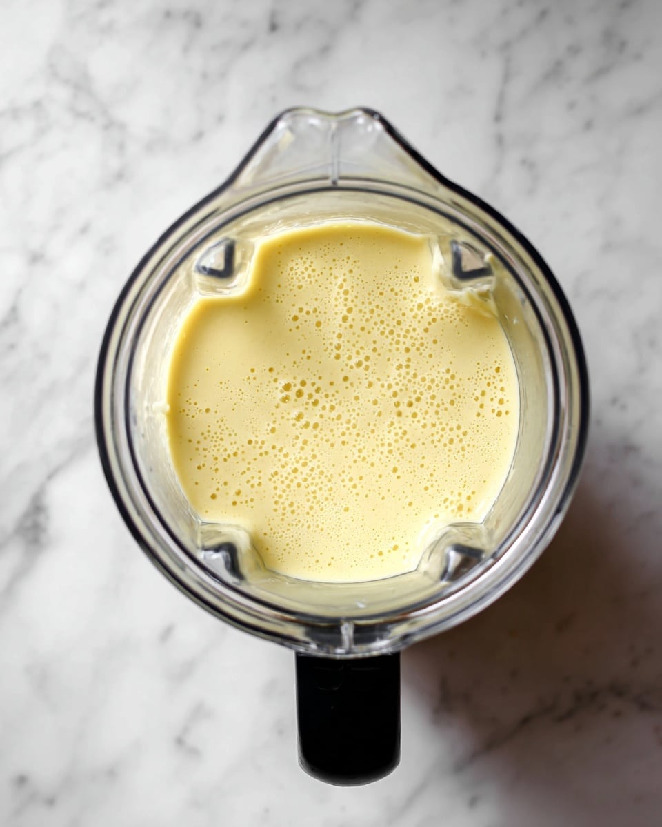 A clear blender jar filled with a light creamy yellow liquid mixture sits on a white marbled surface, viewed from above. The mixture inside the blender is smooth with tiny bubbles on the surface, indicating it has just been blended. The blender has a black handle on the left side, and the jar has a spout at the top right. photo taken with an iphone --ar 4:5 --v 7