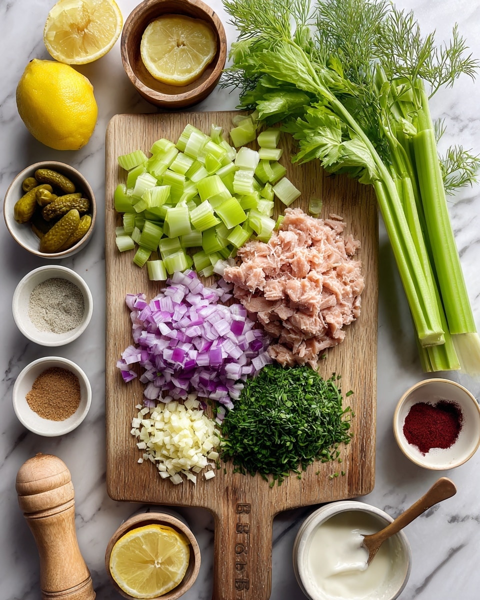 A white plate holds four bright green butter lettuce leaves arranged in a circle, forming a bed for a chunky tuna salad in the center. The salad is a mix of light beige tuna with small pieces of purple red onion, pale green celery, and scattered sprigs of dark green dill, giving it a textured, fresh look. On the right side of the plate, a few square, light brown crackers with black seeds peek out from under the salad. Under the lettuce leaves, there are thin lemon slices that add a touch of yellow brightness. The plate sits on a wooden board over a white marbled surface, with a striped white and gray cloth partially visible on the right side. Photo taken with an iphone --ar 4:5 --v 7