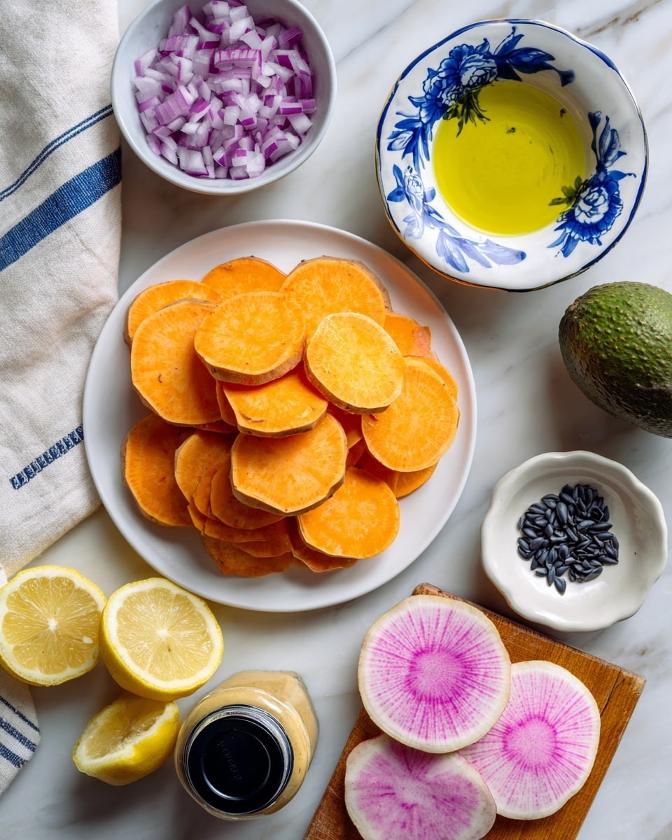 The image shows an arrangement of ingredients on a white marbled surface. In the center, there is a pile of bright orange sweet potato slices with smooth edges, stacked in two layers, some overlapping. To the top left, there is a small white bowl filled with finely chopped purple onions. Above that, a small white bowl with a blue flower pattern holds a yellow liquid, likely oil. To the right, a small plain white plate contains black seeds neatly placed in the center. Below the seeds, a whole dark green avocado is lying on its side. Near the bottom left corner, there is a jar of mustard with beige contents and a black lid placed next to a folded white cloth with blue stripes. To the left, two lemon halves, bright yellow, are placed on a small wooden board. At the bottom right, two slices of watermelon radish with white outer layers and bright pink centers lie face up. photo taken with an iphone --ar 4:5 --v 7