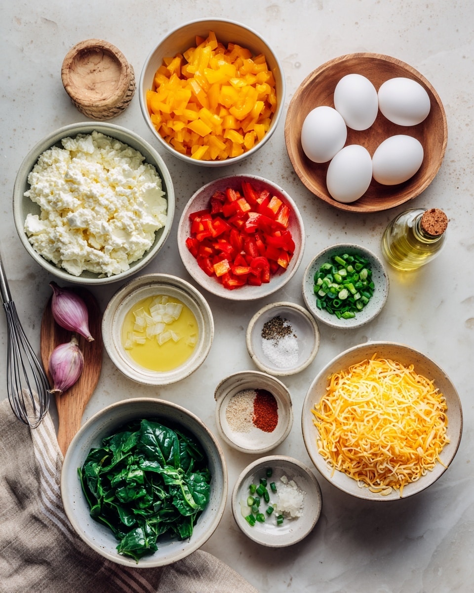 A square piece of egg casserole is being lifted on a spatula from a white baking dish placed on a white marbled surface. The casserole has three visible layers: a bottom layer of soft, light yellow egg mixed with small bits of green spinach and red bell pepper, a thin middle layer with melted white cheese spots, and a thick top layer of bright melted yellow cheese that stretches in long strings from the dish to the lifted piece. The background is softly blurred with white bricks and hints of wooden seasoning containers. A striped cloth is partially visible near the bottom right corner. photo taken with an iphone --ar 4:5 --v 7