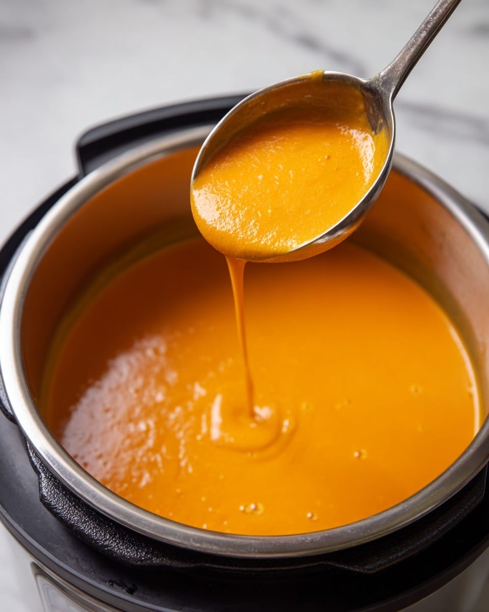 A white bowl filled with smooth, bright orange soup topped with scattered green pumpkin seeds and small green herb leaves, along with a light sprinkle of black pepper. The bowl sits on a white plate with a thin dark rim on a white marbled surface, next to two pieces of toasted round bread with a golden crust and soft centers facing up. Photo taken with an iphone --ar 4:5 --v 7