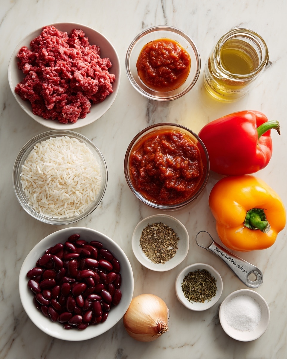 The image shows an arrangement of ingredients on a white marbled surface. On the top left, a white bowl holds a layer of raw ground meat, deep red in color and textured. Below it, a clear glass bowl contains a thick, red tomato sauce with chunks. To the right of the meat bowl, a smaller clear glass bowl holds a dark red tomato paste with a smooth, dense texture. Beside this, a glass jar of organic chicken base with a golden lid rests at an angle. In the middle right, three bell peppers sit: one orange at the top, one red to its right, and one yellow below. Below them, a small onion with pale golden-yellow skin is placed. On the bottom left, a white bowl is filled with shiny dark red kidney beans. Next to it, a brass measuring cup filled with white rice sits angled. Nearby, three garlic cloves with papery white skin lie close to the bottom edge. To the right of the rice, a small round white bowl contains white salt. Below that, another white bowl holds a mix of dried herbs and spices, mainly green and brown. Finally, a small glass container with clear liquid is placed near the center bottom. Photo taken with an iphone --ar 4:5 --v 7