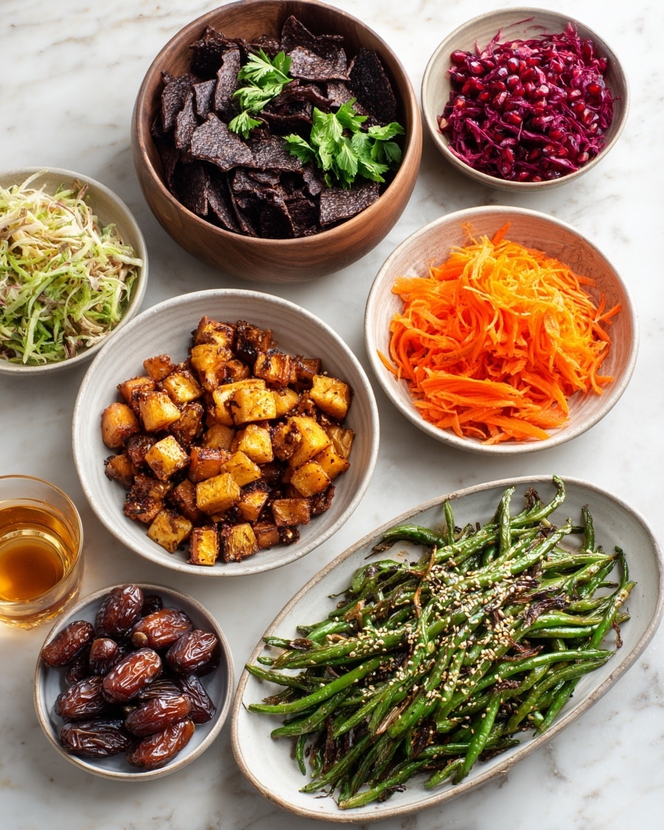 A large round white flatbread forms the base layer, with a smooth, creamy, light beige spread evenly covering it. On top, there are six colorful, separate piles arranged in a circle: shredded orange carrots, dark green slender roasted vegetables, finely chopped light green and white mixture, small roasted golden-brown cubes, deep purple chunks, and a bright red cluster of pomegranate seeds in the center. A few glossy brown dates are scattered around the piles. The flatbread sits on a round wooden board placed over a white marbled surface. A woman's hand lightly touches the edge of the wooden board, and in the top corner, four gold and black forks rest together. Photo taken with an iphone --ar 4:5 --v 7