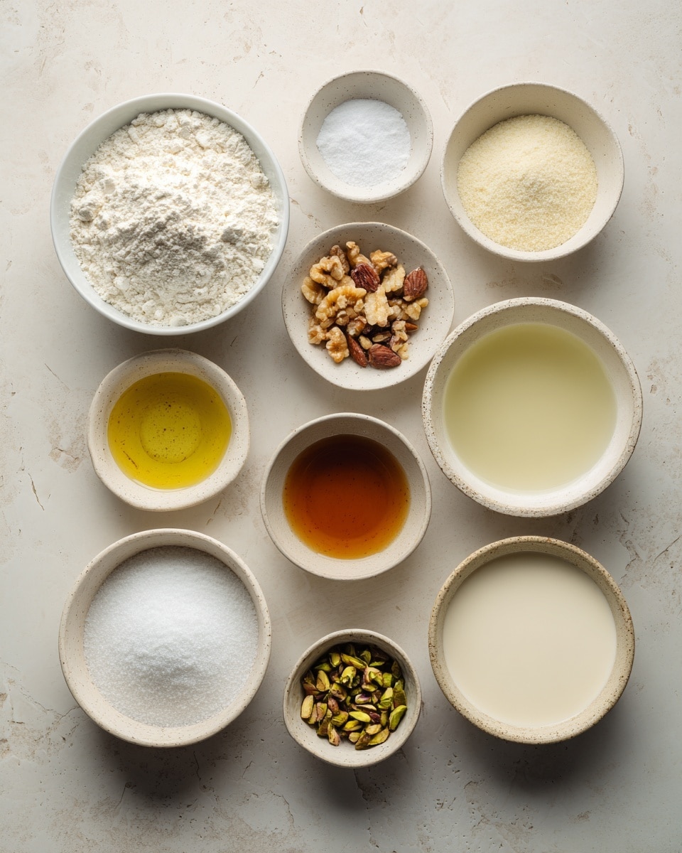The image shows ten small bowls arranged neatly on a light surface, each filled with different ingredients for baking. Starting from the top left, there is a white bowl filled with white flour, next to it, a small white bowl with a small amount of white powder, and a slightly larger white bowl with a clear liquid. Below them, a big white bowl contains golden liquid, and next to it a small white bowl holds amber-colored liquid. Below those, a small white bowl with dark green liquid sits beside a light beige bowl holding chopped green and brown nuts. At the bottom, a white bowl is filled with white granulated sugar, and next to it a white bowl contains a pale cream liquid. The bowls contrast with the slightly textured neutral background, and all bowls are on a white marbled surface photo taken with an iphone --ar 4:5 --v 7