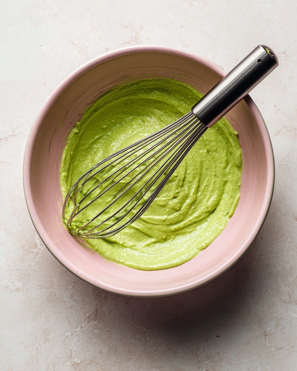 A light pink bowl filled with a bright green, creamy mixture with small bits of nuts or seeds scattered throughout. The texture looks smooth and slightly thick, with a shiny surface reflecting light. A metal whisk with a black handle rests inside the bowl, partially coated in the green mixture. The bowl is placed on a white marbled surface, creating a clean and simple background. photo taken with an iphone --ar 4:5 --v 7