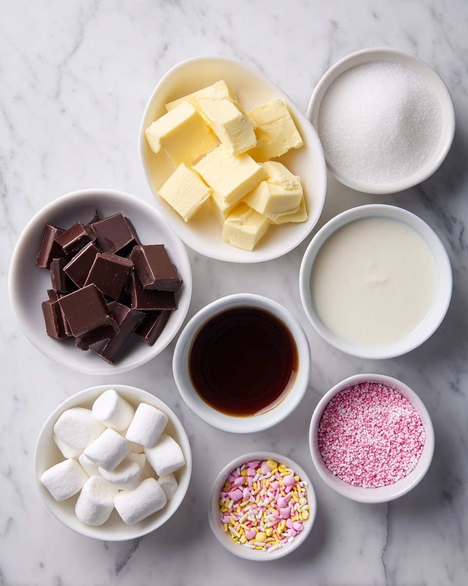 The image shows seven small white bowls placed on a white marbled surface. The largest bowl on the bottom left holds dark brown square chocolate pieces with a smooth texture. To its right is a bowl filled with white granulated sugar, grainy in texture. Above the sugar bowl, a medium bowl contains pale yellow solid butter chunks with a slightly soft look. Next to the butter, there is a small bowl with a dark brown liquid that looks smooth and glossy. Above this bowl, there is another medium bowl filled with a white liquid that appears creamy and smooth. To the left of this bowl, there is a smaller bowl filled with white marshmallows that are soft and fluffy. Lastly, a small bowl next to the marshmallows contains colorful sprinkles in pink, yellow, and white, small and round in shape. Photo taken with an iphone --ar 4:5 --v 7